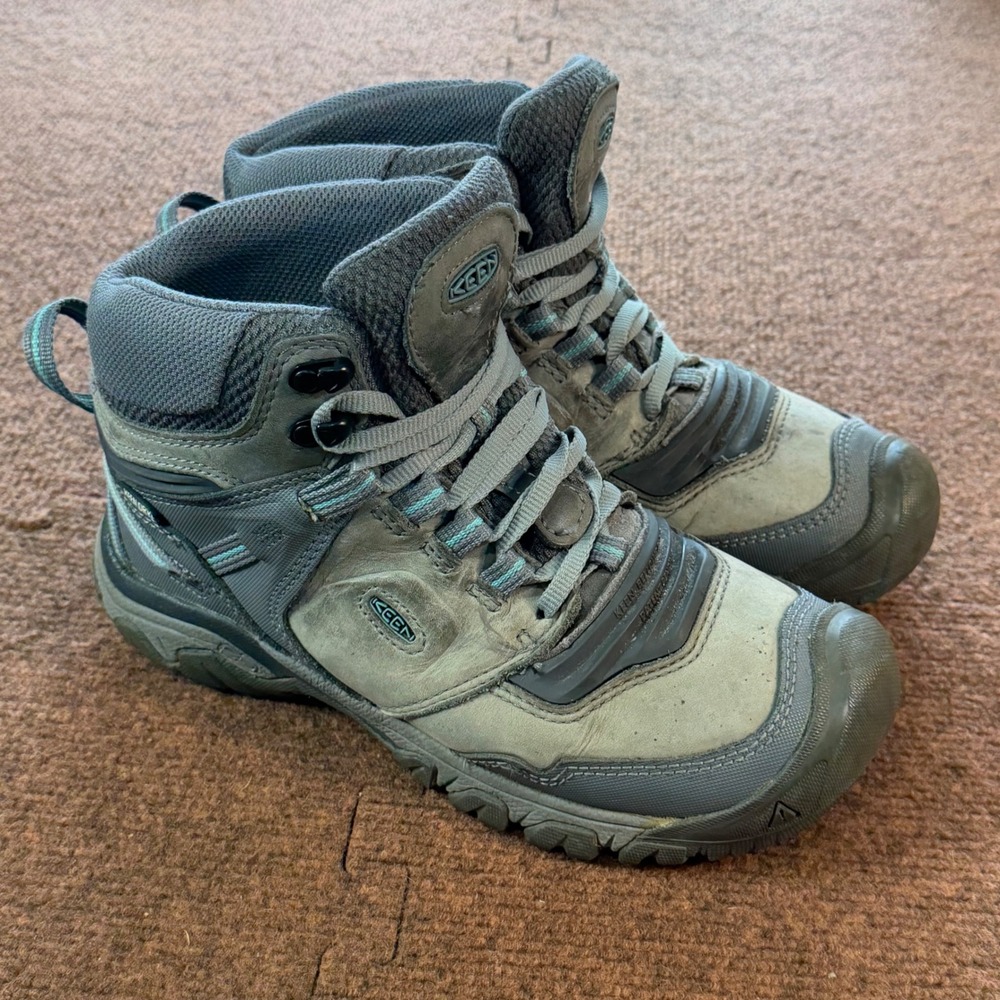 B+ KEEN Ridge Flex Mid WP Waterproof Hiking Boots Grey Blue Womens 7.5 1026086